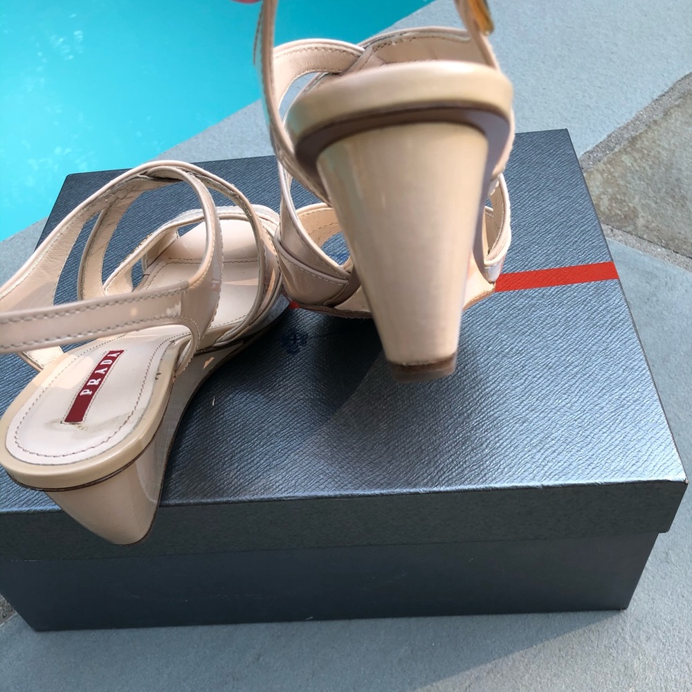 Prada Logo Strappy Low Wedge Sandals Sz 37.5 - Picture 6 of 10